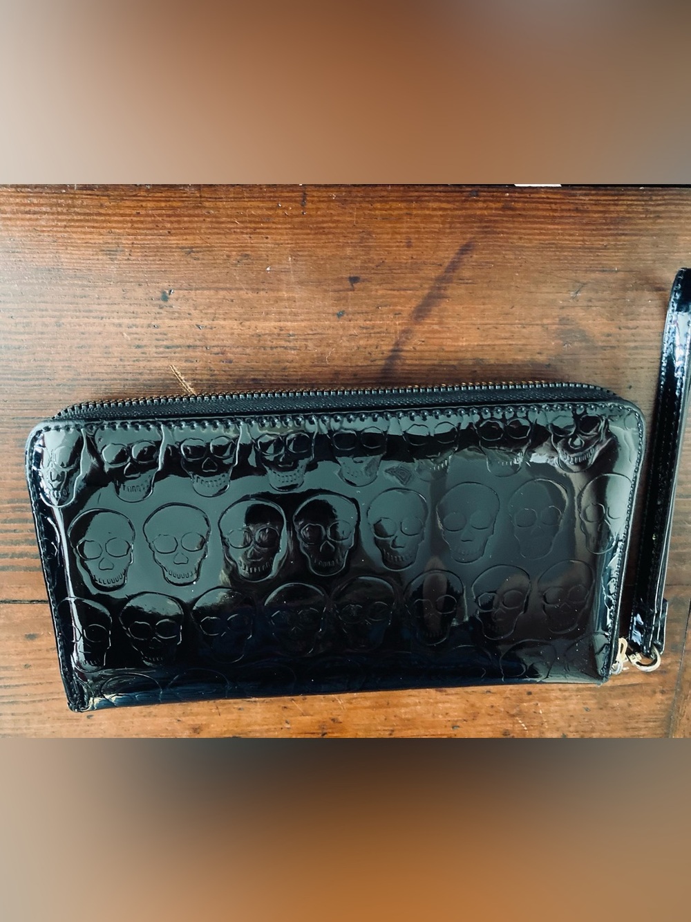 Betsey Johnson Black Patent Skull-Embossed Zip Wallet with Gold Plaque - Picture 6 of 8